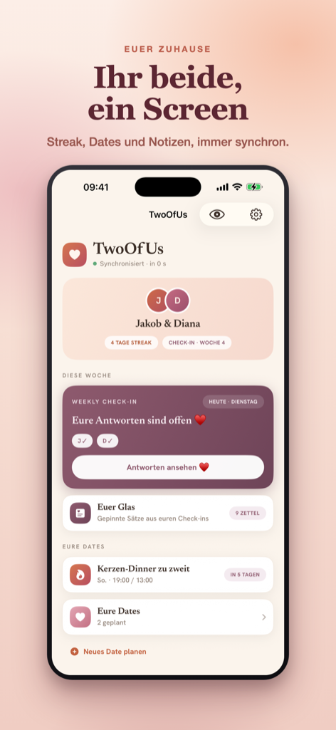 App-Screen: Start-Ansicht mit Entfernung, Countdown und gemeinsamer Notiz