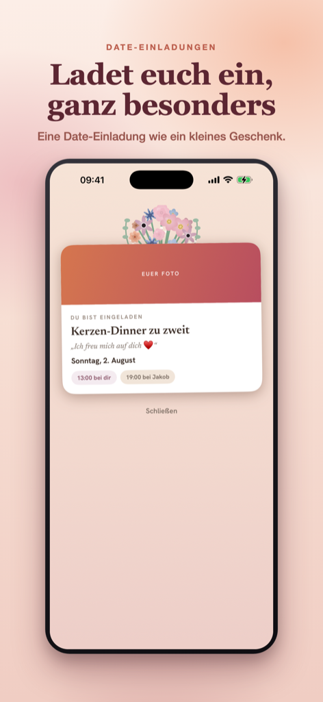 App-Screen: eine Date-Einladung mit Blumenkarte zum Auspacken