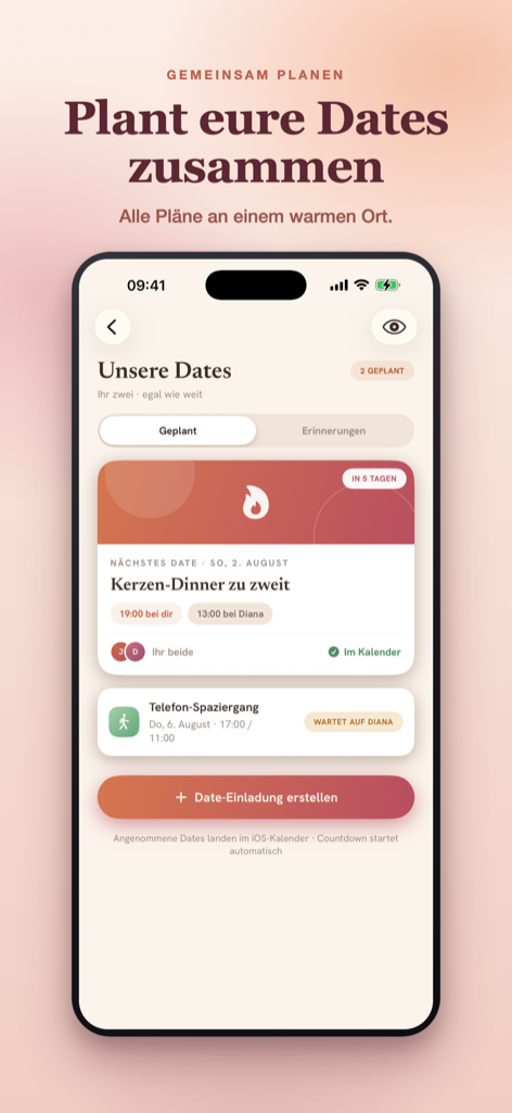 App-Screen: geplante Dates und gemeinsame Erinnerungen