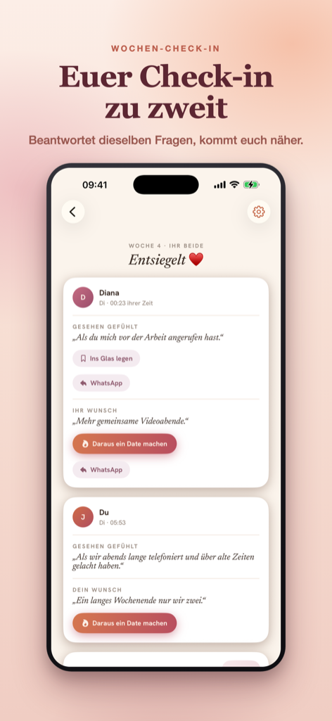 App-Screen: Weekly Check-in mit versiegelten Antworten