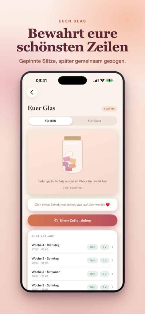 App-Screen: das Komplimente-Glas mit gefalteten Zetteln